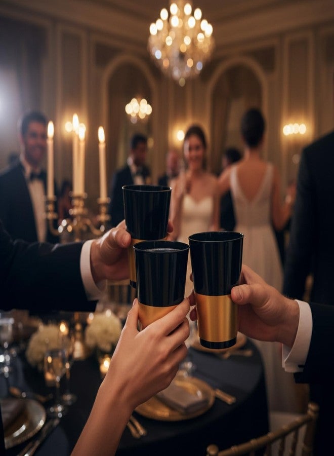 Blue Sky Black & Gold-Banded Plastic Tumblers (Pack of 10) - 12oz Elegant Disposable, Round Cups for Parties & Events - Image 5